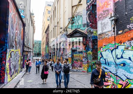 Hosier Lane Melbourne City Centre Victoria, Street Art und Kunstwerke in Hosier Lane, einer der berühmten Gassen Melbournes, Vic, Australien Stockfoto