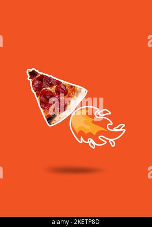 Eine Scheibe Salami-Pepperoni-Pizza und ein Feuer. Collage zeitgenössischer Kunst. Stockfoto