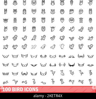 100 Vogelsymbole eingestellt. Skizzieren Sie die Darstellung von 100 Vogelsymbolen, die auf weißem Hintergrund isoliert sind Stock Vektor