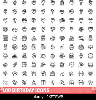 100 Geburtstagssymbole eingestellt. Skizzieren Sie die Darstellung von 100 Geburtstagssymbolen Vektorset isoliert auf weißem Hintergrund Stock Vektor