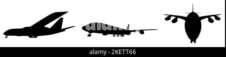 Konzeptioneller Satz aus drei fliegenden schwarzen Passagierjetlinern oder kommerziellen Flugzeugen, isoliert auf weißem Hintergrund. 3D Abbildung für Düsentransport Stockfoto