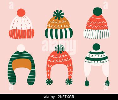 Set aus verschiedenen handgezeichneten Wintermützen mit Pompoms in flachem Stil. Vektorgrafik. Stock Vektor