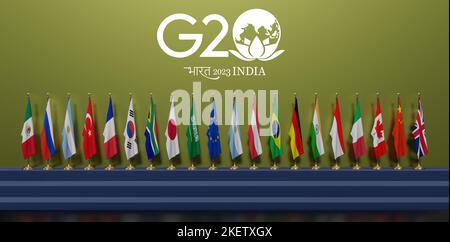 Flaggen G20 Mitgliedschaft , Konzept des Gipfels G20 oder des Treffens, G20 Länder, Offizielles Indiens G20 Logo, G20 Gipfel Indien, G20 2023, 3D Illustration und Stockfoto