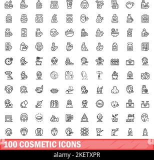 100 kosmetische Symbole eingestellt. Skizzieren Sie die Darstellung von 100 kosmetischen Symbolen, die auf weißem Hintergrund isoliert sind Stock Vektor