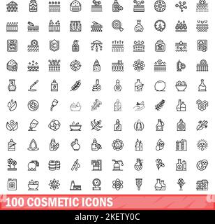 100 kosmetische Symbole eingestellt. Skizzieren Sie die Darstellung von 100 kosmetischen Symbolen, die auf weißem Hintergrund isoliert sind Stock Vektor