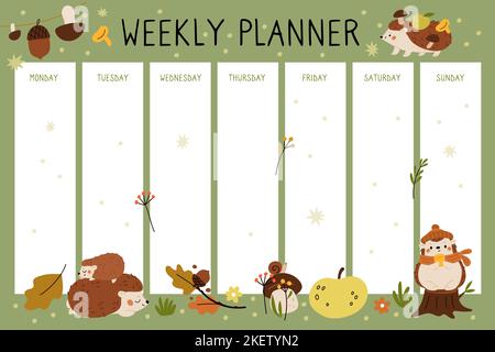 Niedliche Igel Stundenplan. Lustige Kinder Wochenplaner. Naturfiguren. Waldtiere. Schulherbstsaison. Säugetiere mit Pilzen Stock Vektor