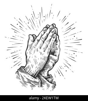 Betende Hände. Menschliche Hände gefaltet im Gebet in Vintage-Gravur-Stil. Betet Symbol Stockfoto