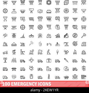 100 Notfallsymbole eingestellt. Skizzieren Sie die Darstellung von 100 Vektorsymbolen für Notfälle, die isoliert auf weißem Hintergrund eingestellt sind Stock Vektor
