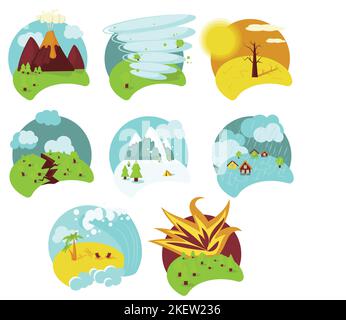 Symbolsatz für Naturkatastrophen gefährliche Katastrophen, Vektorgrafik flach isoliert. Vulkanausbruch, Hurrikan, Dürre, Erdbeben, Überschwemmung, Tsunami, Stock Vektor