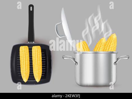 Gegrillter und gekochter Mais, Vektorgrafik isoliert. Realistische Maiskolben auf der Grillpfanne geröstet und in Kochtopf gekocht. Stock Vektor