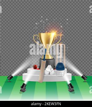 Design-Vorlage für Cricket-Meisterschaft-Poster. Vektor realistische Illustration des Gewinners Goldcup, Cricket-Spiel Ausrüstung auf weißem runden Podium i stehen Stock Vektor