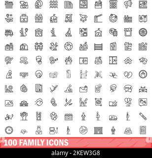 100 Familiensymbole eingestellt. Skizzieren Sie die Darstellung von 100 Familiensymbolen, die auf weißem Hintergrund isoliert sind Stock Vektor