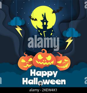 Happy Halloween Poster Vorlage, Vektor-Illustration in Papierkunst modernen Handwerk Stil. Nacht Sternenhimmel Hintergrund und Halloween traditionelle Symbole voll m Stock Vektor