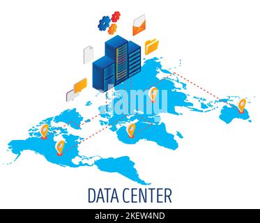 Rechenzentrum, Vektor-isometrische Darstellung. Hosting, virtuelle Weltkarte, globales Datenübertragungsdiagramm, Rack-Konzept für Webbanner, Web Stock Vektor