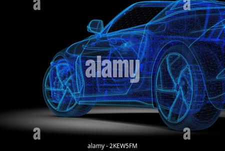 Blaues generisches Drahtmodell-Auto ohne Marke im Dunkeln: 3D Abbildung Stockfoto