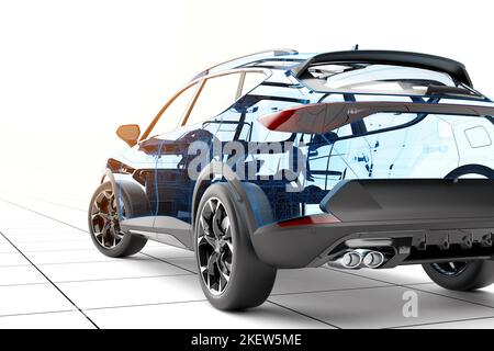 Transparentes Drahtmodell generisches Stadtauto ohne Marke im Sonnenlicht: 3D Abbildung Stockfoto