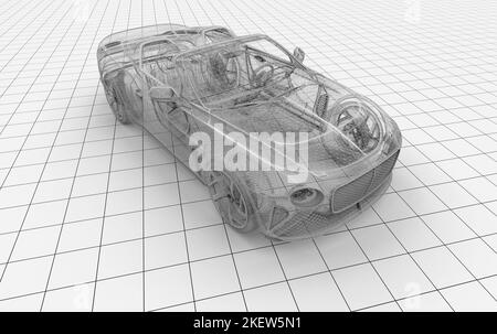 Unbranded generischen Drahtmodell Sportwagen auf einem Draht-Plattform: 3D Abbildung Stockfoto