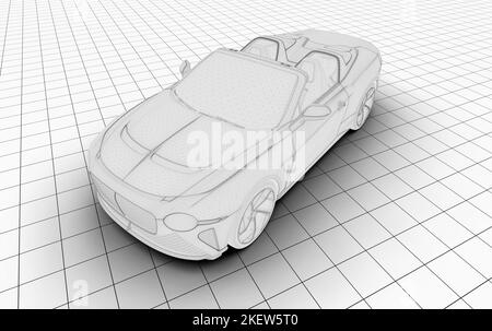 Drahtmodell unbranded generischen Sportwagen auf einer Draht-Plattform: 3D Abbildung Stockfoto