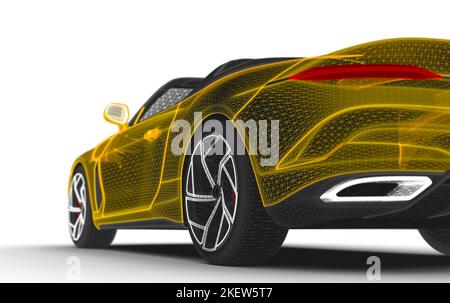 Gelbes generisches, nicht gebrandmarkt modernes Drahtmodell-Auto auf weißem Hintergrund: Abbildung 3D Stockfoto
