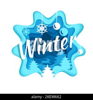 Winter kreative Hand Schriftzug Typografie, Vektor-Illustration in Papierkunst modernen Handwerk Stil. Winter Saison Komposition mit Papier geschnittenen Bäumen, christus Stock Vektor
