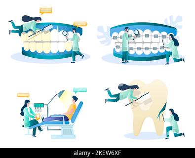 Zahnarztdienstleistungen Vektor-Konzept-Illustration gesetzt isoliert auf weißem Hintergrund. Stomatologie, Zahnmedizin, Kieferorthopädie Behandlung, professionelle Zähne whit Stock Vektor