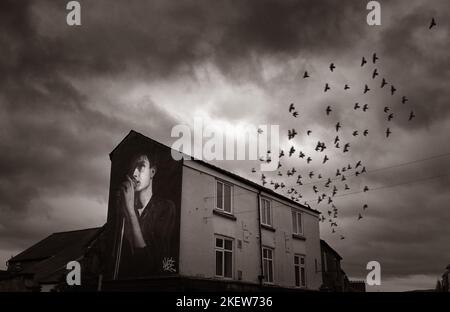 Der Akse-Künstler Ian Kevin Curtis, Sänger von Joy Division Mural, in Mill Street, Macclesfield, Heshire, England, Großbritannien (getönte) Stockfoto