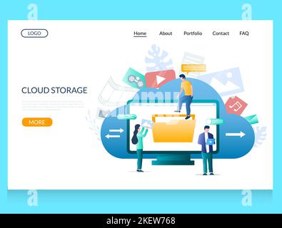 Cloud-Speicher Vektor-Website-Vorlage, Web-Seite und Landing-Page-Design für Website- und mobile Website-Entwicklung. Cloud-Computing-Datenspeicher. Stock Vektor