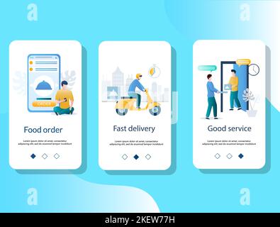 Lebensmittelbestellung, schnelle Lieferung, guter Service mobile App Onboarding Bildschirme. Vektorvorlage für Menübanner für die Website- und Anwendungsentwicklung. Stock Vektor