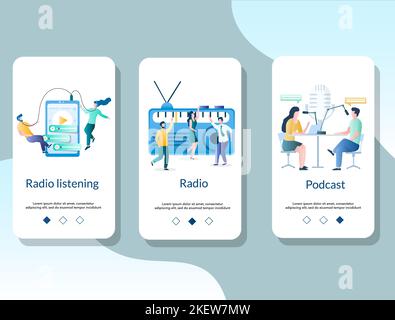 Onboarding-Bildschirme für mobile Online-Apps. Vektorvorlage für Menübanner für die Website- und Anwendungsentwicklung. Radio hören, Podcast machen conce Stock Vektor