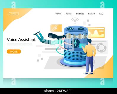 Voice Assistant Vektor-Website-Vorlage, Web-Seite und Landing-Page-Design für Website und mobile Website-Entwicklung. Intelligenter virtueller persönlicher Assistent Stock Vektor