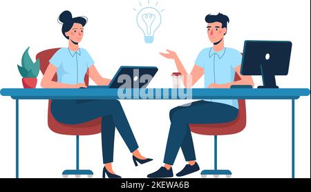 Geschäftsleute arbeiten im Büro zusammen, diskutieren Ideen für ein Projekt. Vektordarstellung der Teamarbeit von Büromitarbeitern. Flacher Style Stock Vektor