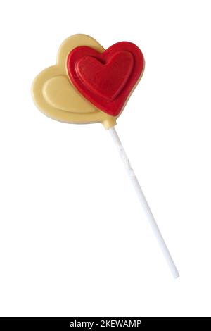 Herzförmige Schokolade lolly Lutscher auf weißem Hintergrund, ideal für Valentinstag Valentinstag Stockfoto