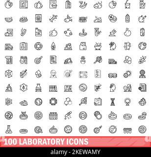 100 Laborsymbole eingestellt. Skizzieren Sie die Darstellung von 100 Laborsymbolen, die auf weißem Hintergrund isoliert dargestellt werden Stock Vektor