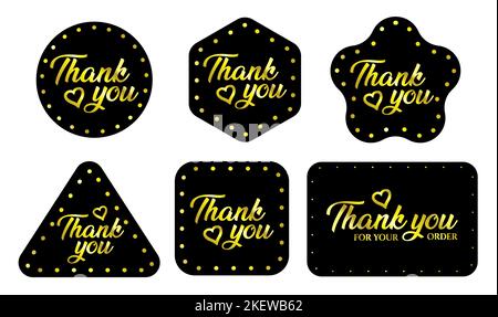 Schwarz und Gold Danke klassische Aufkleber. Legen Sie Etiketten und bäge fest. Logo Kreis Stempel Satz. Vektorgrafik. Logo-Vorlage für kleine Unternehmen Stock Vektor