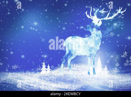 Aquarell Schnitt Silhouette eines roten Hirsches (Cervus elaphus) auf schneebedeckten weihnachtlichen Landschaft Hintergrund in blauen Farbtönen. Winterwunderland. Stockfoto