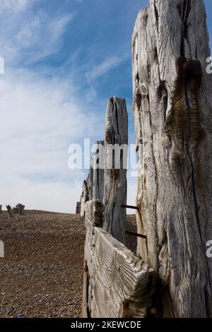 Hölzerne Meeresabwehr (Wellenbrecher oder Groynes) am Strand im Rye Harbour Nature Reserve, Sussex, England. Stockfoto