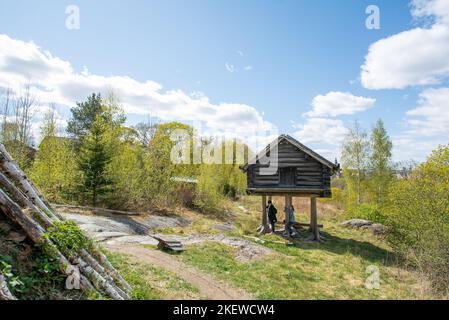 Sami-Lagerhaus auf Stelzen in Skansen, ein Haus auf Stelzen als Teil des samischen indigenen Dorfes in Djurgarden, Stockholm, Schweden. Stockfoto