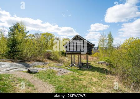 Sami-Lagerhaus auf Stelzen in Skansen, ein Haus auf Stelzen als Teil des samischen indigenen Dorfes in Djurgarden, Stockholm, Schweden. Stockfoto