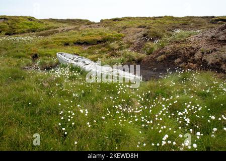 Teil eines abgestürzten Flugzeugs an einem Flugzeugwrack in Riggs Moor, Yorkshire Dales National Park. (Wahrscheinlich RAF Vickers Wellington Bomber Mk.IC DV718) Stockfoto