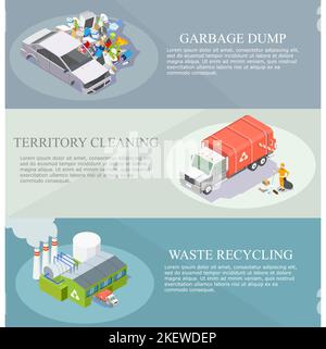 Mülldeponie, Gebietsreinigung und Abfallrecycling horizontaler isometrischer Bannersatz, Vektorgrafik. Trennung und Entsorgung von Müll und Recycling Stock Vektor