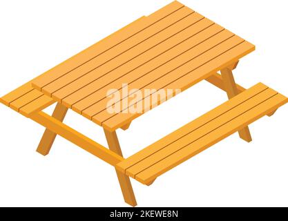Isometrischer Vektor für Gartenmöbel. Neuer Holztisch und zwei Benche-Ikone. Ruhe in der Natur, Erholung Stock Vektor