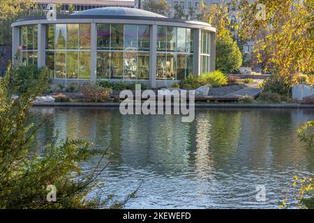 Der Austragungsort der Weltausstellung 1974, Spokane, Washington, ist die kleinste Stadt, in der die Weltausstellung jemals stattfindet. Stockfoto