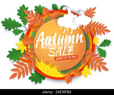 Bunte Blätter dekorativen Rahmen Herbst Verkauf kreative Hand Schriftzug Typografie, Vektor-Illustration in Papier Kunst Handwerk Stil. Saisonaler Herbstverkauf pro Stock Vektor