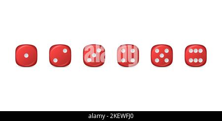 Vector 3D realistische rote Spielwürfel Symbol Set Nahaufnahme isoliert. Spielwürfel zum Spielen, Casino Würfel von einem bis sechs Punkten, Runde Kanten Stock Vektor
