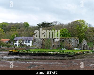 Die Ruinen von Arundel Getreidespeicher am Ufer der Clonakilty Bay im Frühjahr. Ein altes Steingebäude in Irland, Europa. Historisches architektonisches Monu Stockfoto