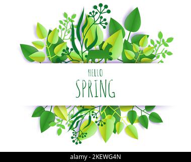 Hello Spring Karte Hand Schriftzug Typografie, Vektor-Illustration in Papier Kunst Handwerk Stil. Schöne Papier geschnitten Frühling Komposition mit grünem Laub a Stock Vektor