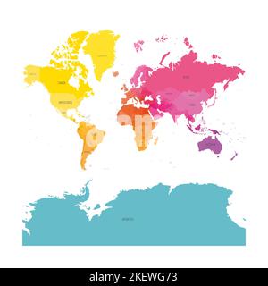 Weltkarte. Mercator-Projektion. Hoch detaillierte politische Karte von Ländern und abhängigen Gebieten mit Namensschildern. Einfache flache Vektordarstellung Stock Vektor