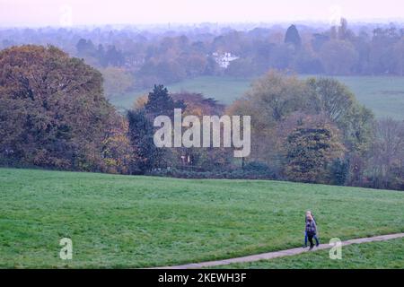 London, Großbritannien. 14.. November 2022. Nebel verweilt über der Themse und Richmond vor Sonnenuntergang, nachdem dichter Nebel in London dazu geführt hatte, dass Flüge heute Morgen gestrichen wurden. Kredit: Elfte Stunde Fotografie/Alamy Live Nachrichten Stockfoto