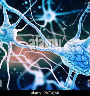 Mikroskopische Ansicht der Synapsen. Gehirnverbindungen. Neuronen und Synapsen. Kommunikation und Hirnstimulus. Neuronale Netzschaltung, degenerativ Stockfoto