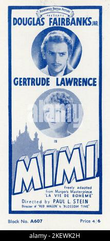 DOUGLAS FAIRBANKS Jr. und GERTRUDE LAWRENCE in MIMI 1935 Regisseur PAUL L. STEIN nach dem Roman La Vie de Boheme von Henri Murger Musik und Texte von Puccini Kostümdesign Doris Zinkeisen Associated British Picture Corporation (ABPC) / British International Picters / Wardour Films Stockfoto